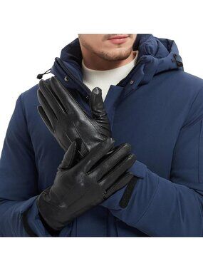 Men's Black Leather Full Finger Touchscreen  Fleece Lining Winter Warm Gloves